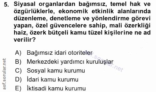 5. soru: Siyasal organlardan bağımsız, temel hak ve özgürlüklerle, ekonomik etkinlik alanlarında düzenleme, denetleme ve yönle…