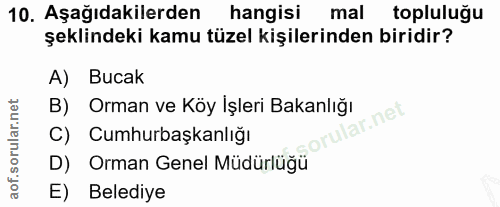 10. soru: Aşağıdakilerden hangisi mal topluluğu şeklindeki kamu tüzel kişilerinden biridir? A) Bucak B) Orman ve Köy Işleri Bak…