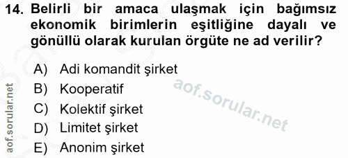 14. soru: Belirli bir amaca ulaşmak için bağımsız ekonomik birimlerin eşitliğine dayalı ve gönüllü olarak kurulan örgüte ne ad…