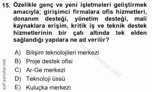 15. soru: Özelikle genç ve yeni işletmeleri geliştirmek amacıyla; girişimci firmalara ofis hizmetleri, donanım destegi, yönetim…