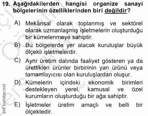 19. soru: Aşağıdakilerden hangisi organize sanayi bölgelerinin özelliklerinden biri değildir? A) Mekânsal olarak toplanmış ve s…