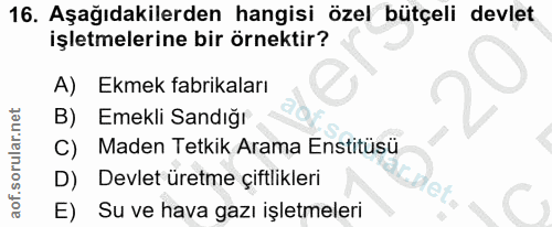 16. soru: Aşağıdakilerden hangisi özel bütçeli devlet işletmelerine bir örnektir? A) Ekmek fabrikaları Emekli Sandığı C) Maden…