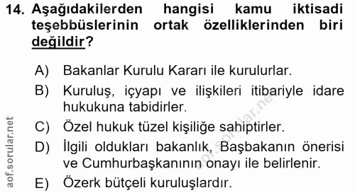 14. soru: Aşağıdakilerden hangisi kamu iktisadi teşebbüslerinin ortak özelliklerinden biri değildir? A) Bakanlar Kurulu Kararı…