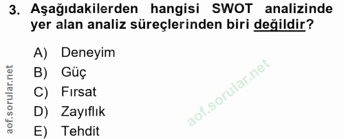 3. soru: Aşağıdakilerden hangisi SWOT analizinde yer alan analiz süreçlerinden biri değildir? A) Deneyim B) Gúç C) Firsat D) Z…