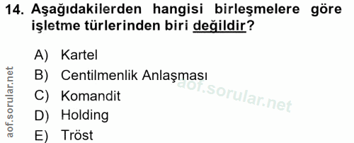 14. soru: Aşağıdakilerden hangisi birleşmelere göre işletme türlerinden biri değildir? A) Kartel B) Centilmenlik Anlaşması C) K…