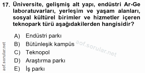 17. soru: Universite, gelişmiş alt yapı, endüstri Ar-Ge laboratuvarları, yerleşim ve yaşam alanları, sosyal kültürel birimler v…