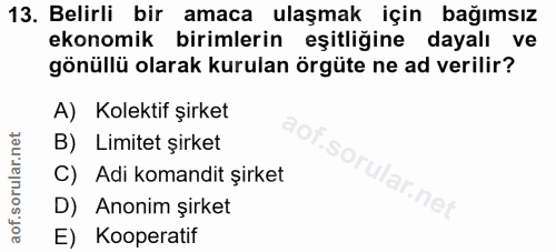 13. soru: Belirli bir amaca ulaşmak için bağımsız ekonomik birimlerin eşitliğine dayalı ve gönüllü olarak kurulan örgüte ne ad…