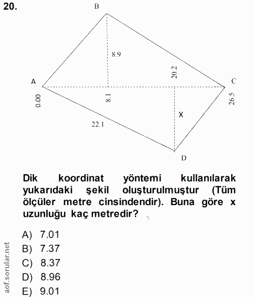 20. soru: 8.9 0.00 22.1 x Dik koordinat yöntemi kullanılarak yukarıdaki şekil oluşturulmuştur (Tüm ölçüler metre cinsindendir).…