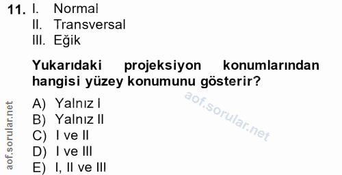 11. soru: 1. Normal Il. Transversal IlI. Eğik Yukarıdaki projeksiyon konumlarından hangisi yüzey konumunu gösterir? A) Yalnız l…