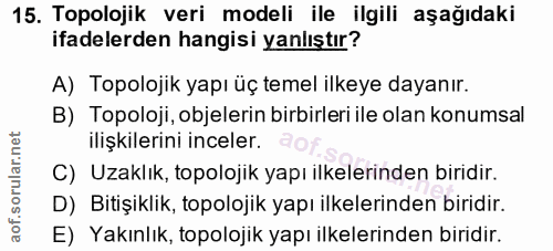 15. soru: Topolojik veri modeli ile ilgili aşağıdaki ifadelerden hangisi yanlıştır? A) Topolojik yapı üç temel ilkeye dayanır.…