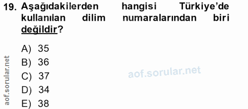 19. soru: Aşağıdakilerden hangisi Türkiye'de kullanılan dilim numaralarından biri değildir? A) 35 B) 36 C) 37 D) 34 E) 38