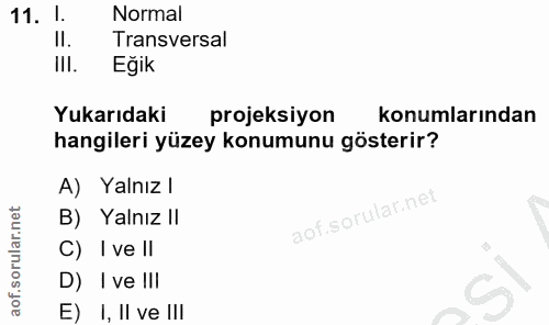 11. soru: I. Normal Il. Transversal Ill. Eğik Yukarıdaki projeksiyon konumlarından hangileri yüzey konumunu gösterir? A) Yalnız…