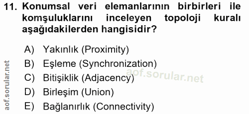 11. soru: Konumsal veri elemanlarının birbirleri ile komşuluklarını inceleyen topoloji kuralı aşağıdakilerden hangisidir? A) Ya…