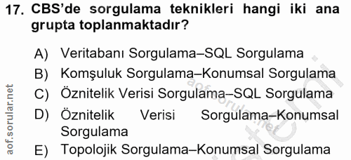 17. soru: CBS'de sorgulama teknikleri hangi iki ana grupta toplanmaktadır? A) Veritabanı Sorgulama-SQL Sorgulama B) Komşuluk So…