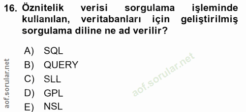 16. soru: Öznitelik verisi sorgulama işleminde kullanılan, veritabanları için geliştirilmiş sorgulama diline ne ad verilir? A)…