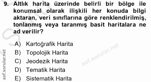 9. soru: Altlık harita üzerinde belirli bir bölge ile konumsal olarak ilişkili her konuda bilgi aktaran, veri sınıflarına göre…