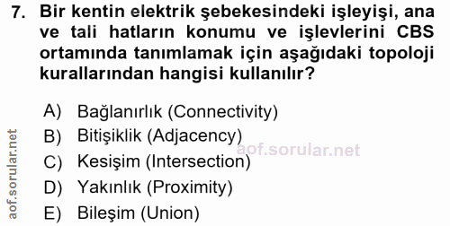 7. soru: Bir kentin elektrik şebekesindeki işleyişi, ana ve tali hatların konumu ve işlevlerini CBS ortamında tanımlamak için…