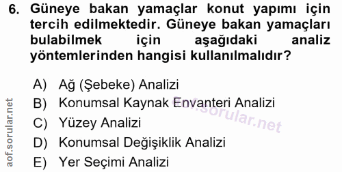6. soru: Güneye bakan yamaçlar konut yapımı için tercih edilmektedir. Güneye bakan yamaçları bulabilmek için aşağıdaki analiz…