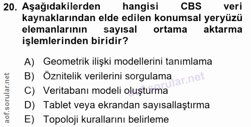 20. soru: Aşağıdakilerden hangisi CBS veri kaynaklarından elde edilen konumsal yeryüzü elemanlarının sayısal ortama aktarma işl…