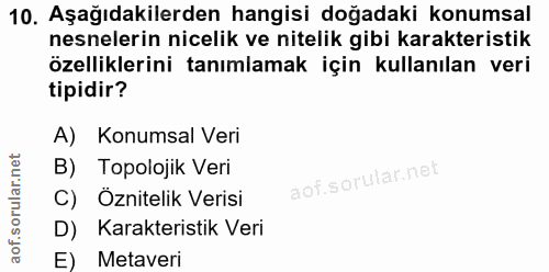 10. soru: Aşağıdakilerden hangisi doğadaki konumsal nesnelerin nicelik ve nitelik gibi karakteristik özelliklerini tanımlamak i…