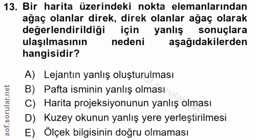 13. soru: Bir harita üzerindeki nokta elemanlarından ağaç olanlar direk, direk olanlar ağaç olarak değerlendirildiği için yanlı…