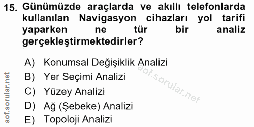 15. soru: Günümüzde araçlarda ve akıllı telefonlarda kullanılan Navigasyon cihazları yol tarifi yaparken ne tür bir analiz gerç…