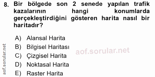 8. soru: Bir bölgede son 2 senede yapılan trafik kazalarının hangi konumlarda gerçekleştirdiğini gösteren harita nasıl bir har…