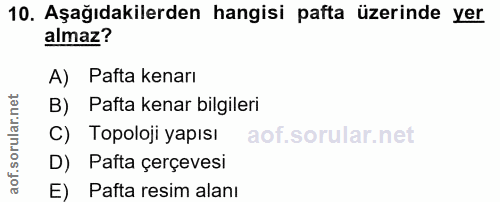 10. soru: Aşağıdakilerden hangisi pafta üzerinde yer almaz? A) Pafta kenarı B) Pafta kenar bilgileri C) Topoloji yapısı D) Paft…