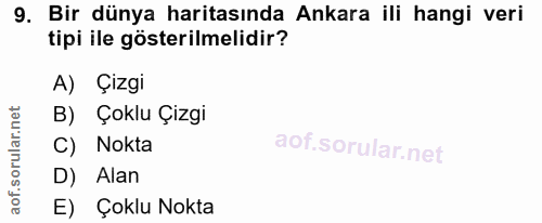 9. soru: Bir dünya haritasında Ankara ili hangi veri tipi ile gösterilmelidir? A) Çizgi B) Çoklu Çizgi C) Nokta D) Alan E) Çok…