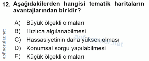12. soru: Aşağıdakilerden hangisi tematik haritaların avantajlarından biridir? A) Büyük ölçekli olmaları B) Hızlıca algılanabil…