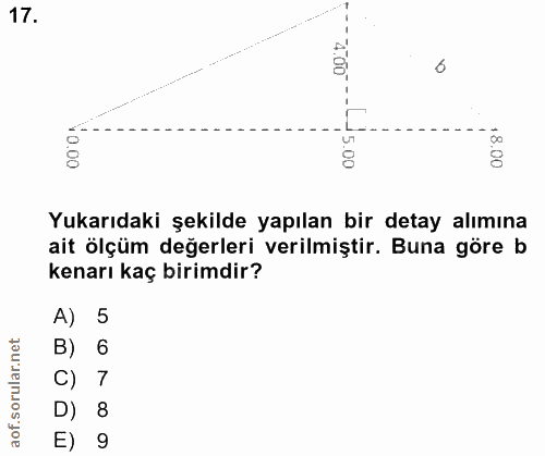 17. soru: 6 ã0 8 8 8 Yukarıdaki şekilde yapılan bir detay alımına ait ölçüm değerleri verilmiştir. Buna göre b kenarı kaç birim…