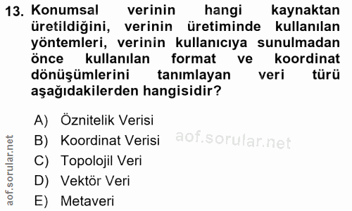 13. soru: Konumsal verinin hangi kaynaktan üretildiğini, verinin üretiminde kullanılan yöntemleri, verinin kullanıcıya sunulmad…