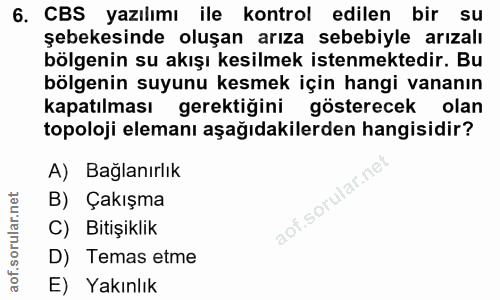 6. soru: CBS yazılımı ile kontrol edilen bir su şebekesinde oluşan arıza sebebiyle arızalı bölgenin su akışı kesilmek istenmek…