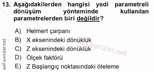 13. soru: Aşağıdakilerden hangisi yedi parametreli dönüşüm yönteminde kullanılan parametrelerden biri değildir? A) Helmert çarp…