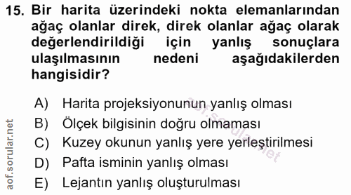 15. soru: Bir harita üzerindeki nokta elemanlarından ağaç olanlar direk, direk olanlar ağaç olarak değerlendirildiği için yanlı…