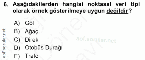 6. soru: Aşağıdakilerden hangisi noktasal veri tipi olarak örnek gösterilmeye uygun değildir? A) Göl B) Ağaç C) Direk D) Otobü…