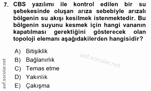 7. soru: CBS yazılımı ile kontrol edilen bir su şebekesinde oluşan arıza sebebiyle arızalı bölgenin su akışı kesilmek istenmek…