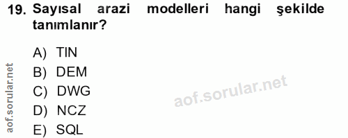 19. soru: Sayısal arazi modelleri hangi hangi şekilde tanımlanır? A) TIN B) DEM C) DWG D) NCZ E) SQL