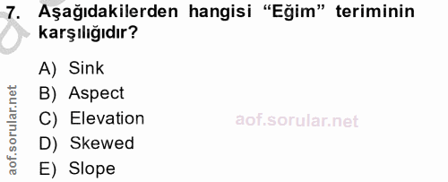 7. soru: Aşağıdakilerden hangisi "Eğim" teriminin karşılığıdır? A) Sink B) Aspect C) Elevation D) Skewed E) Slope