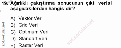 19. soru: Ağırlıklı çakıştırma sonucunun çıktı verisi aşağıdakilerden hangisidir? A) Vektör Veri B) Grid Veri C) Optimum Veri D…