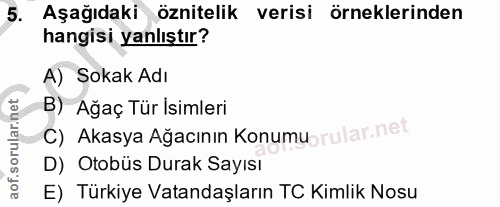5. soru: Aşağıdaki öznitelik verisi örneklerinden hangisi yanlıştır? A) Sokak Adı B) Ağaç Tür Isimleri c) Akasya Ağacının Konu…