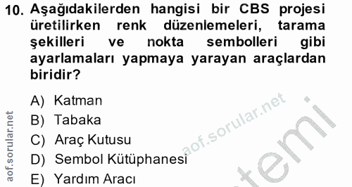 10. soru: Aşağıdakilerden hangisi bir CBS projesi üretilirken renk düzenlemeleri, tarama şekilleri ve nokta sembolleri gibi aya…