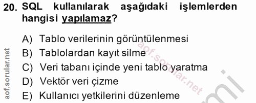 20. soru: SQL kullanılarak aşağıdaki işlemlerden hangisi yapılamaz? A) Tablo verilerinin görüntülenmesi B) Tablolardan kayıt si…