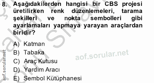 8. soru: Aşağıdakilerden hangisi bir CBS projesi üretilirken renk düzenlemeleri, tarama şekilleri ve nokta sembolleri gibi aya…