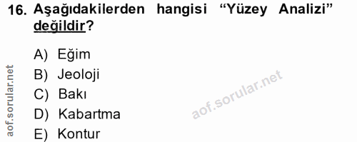 16. soru: Aşağıdakilerden hangisi "Yüzey Analizi" değildir? A) Eğim B) Jeoloji C) Bakı D) Kabartma E) Kontur