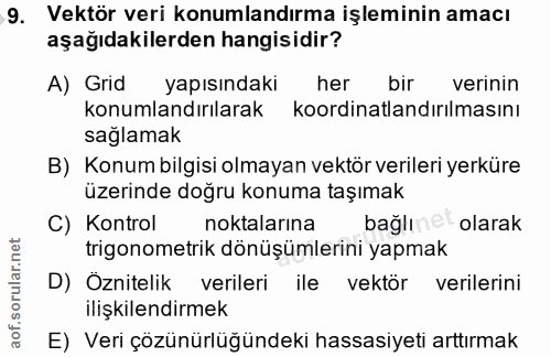 9. soru: Vektör veri konumlandırma işleminin amacı aşağıdakilerden hangisidir? A) Grid yapısındaki her bir verinin konumlandır…