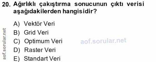 20. soru: Ağırlıklı çakıştırma sonucunun çıktı verisi aşağıdakilerden hangisidir? A) Vektör Veri lar.net B) Grid Veri C) Optimu…