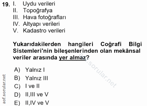 19. soru: 1. Uydu verileri II. Topoğrafya IlI. Hava fotoğrafları IV. Altyapı verileri V. Kadastro verileri Yukarıdakilerden han…