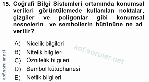 15. soru: Coğrafi Bilgi Sistemleri ortamında konumsal verileri görüntülemede kullanılan noktalar, çizgiler ve poligonlar gibi k…