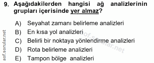 9. soru: Aşağıdakilerden hangisi ağ analizlerinin grupları içerisinde yer almaz? A) Seyahat zamanı belirleme analizleri B) En…